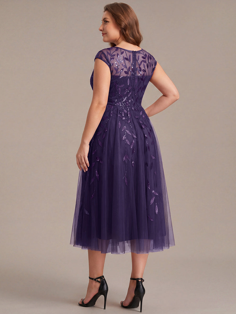 Robe midi évasée à manches courtes en patchwork transparent #Couleur_Violet Fonce