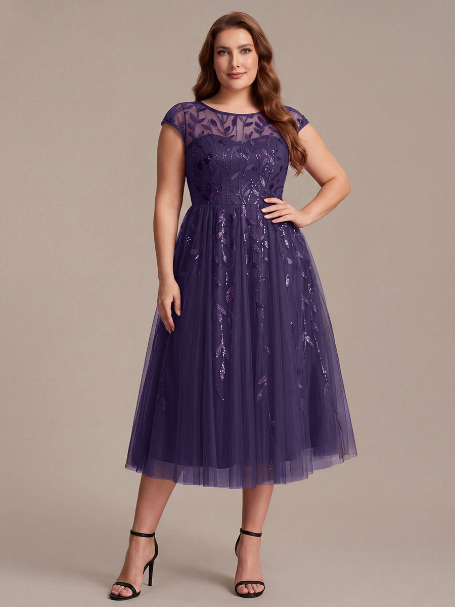 Robe midi évasée à manches courtes en patchwork transparent #Couleur_Violet Fonce