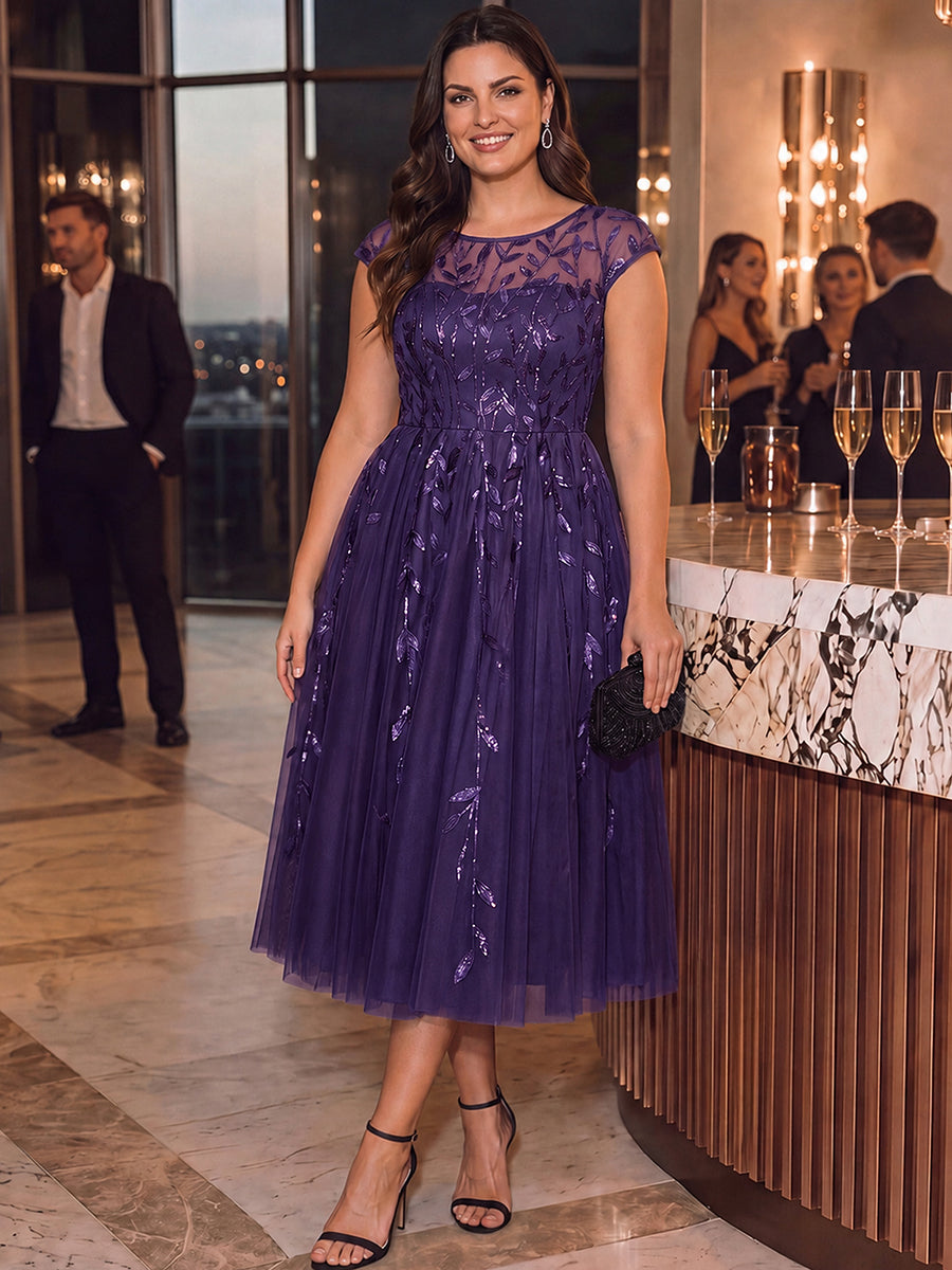 Robe midi évasée à manches courtes en patchwork transparent #Couleur_Violet Fonce