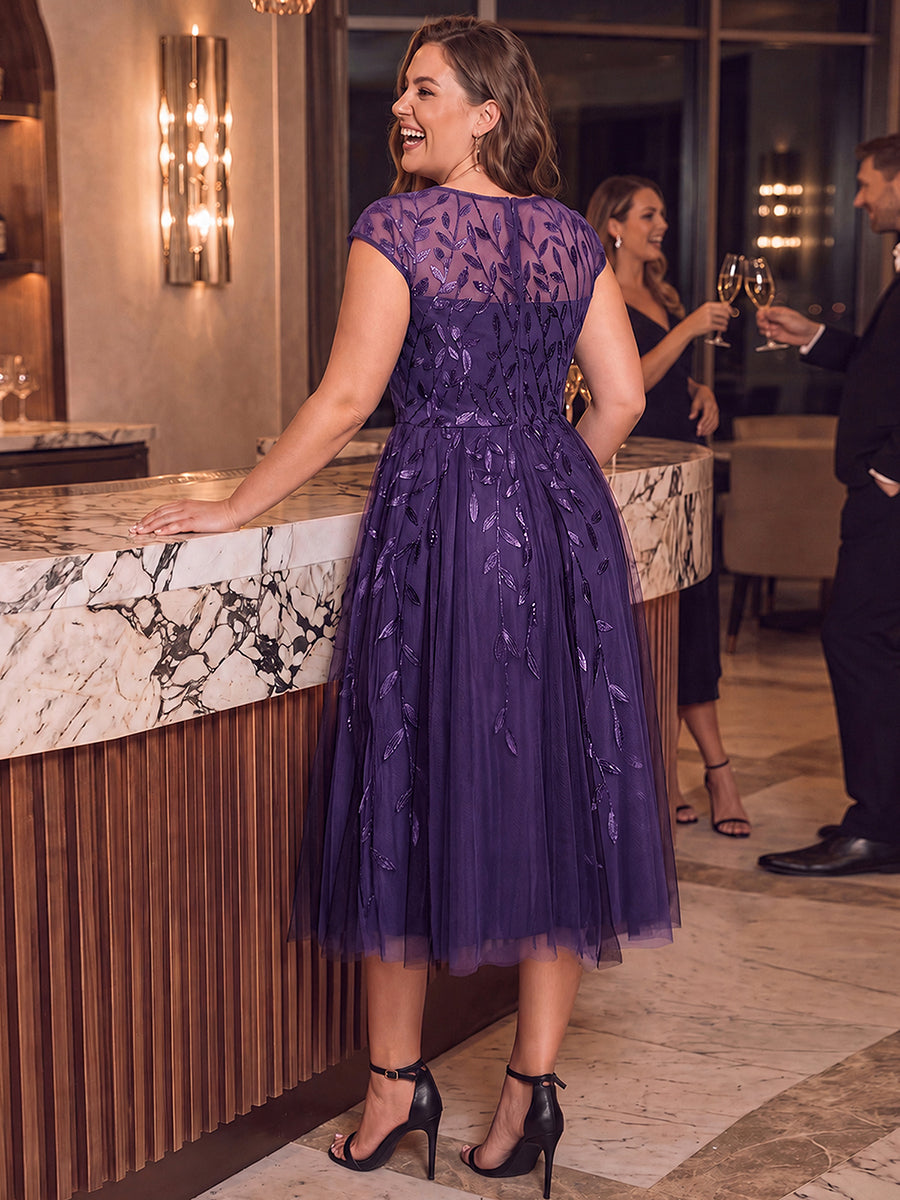 Robe midi évasée à manches courtes en patchwork transparent #Couleur_Violet Fonce