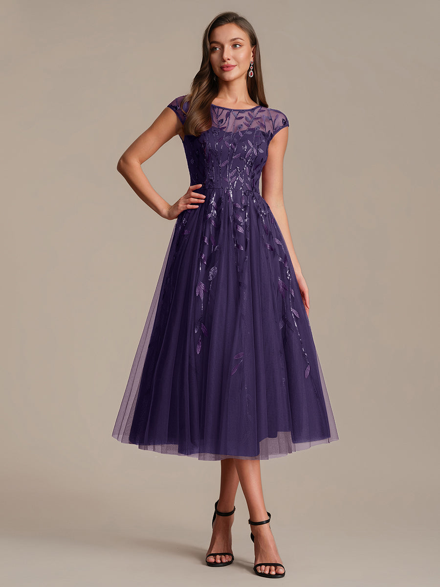 Robe midi évasée à manches courtes en patchwork transparent #Couleur_Violet Fonce