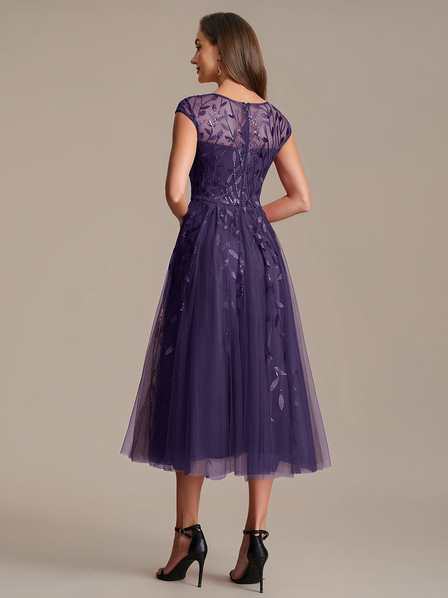 Robe midi évasée à manches courtes en patchwork transparent #Couleur_Violet Fonce