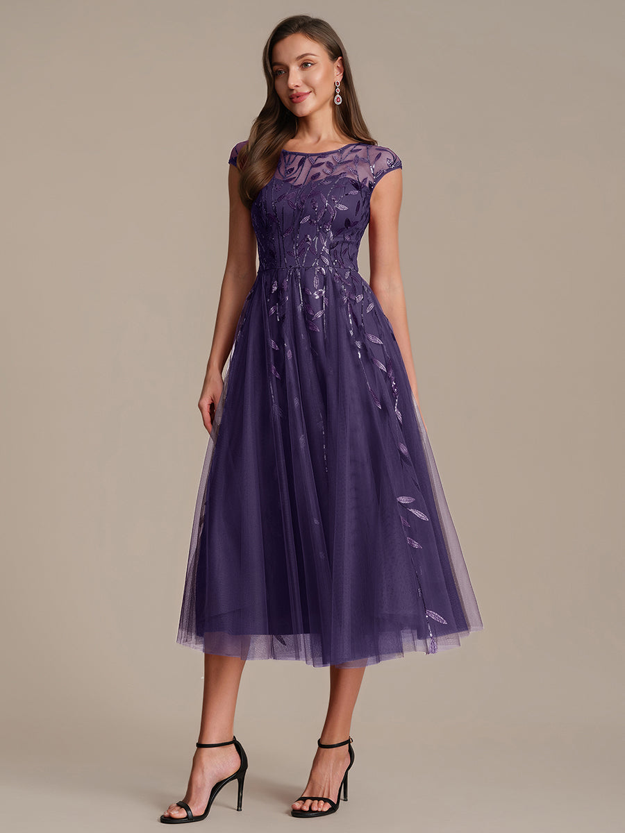 Robe midi évasée à manches courtes en patchwork transparent #Couleur_Violet Fonce
