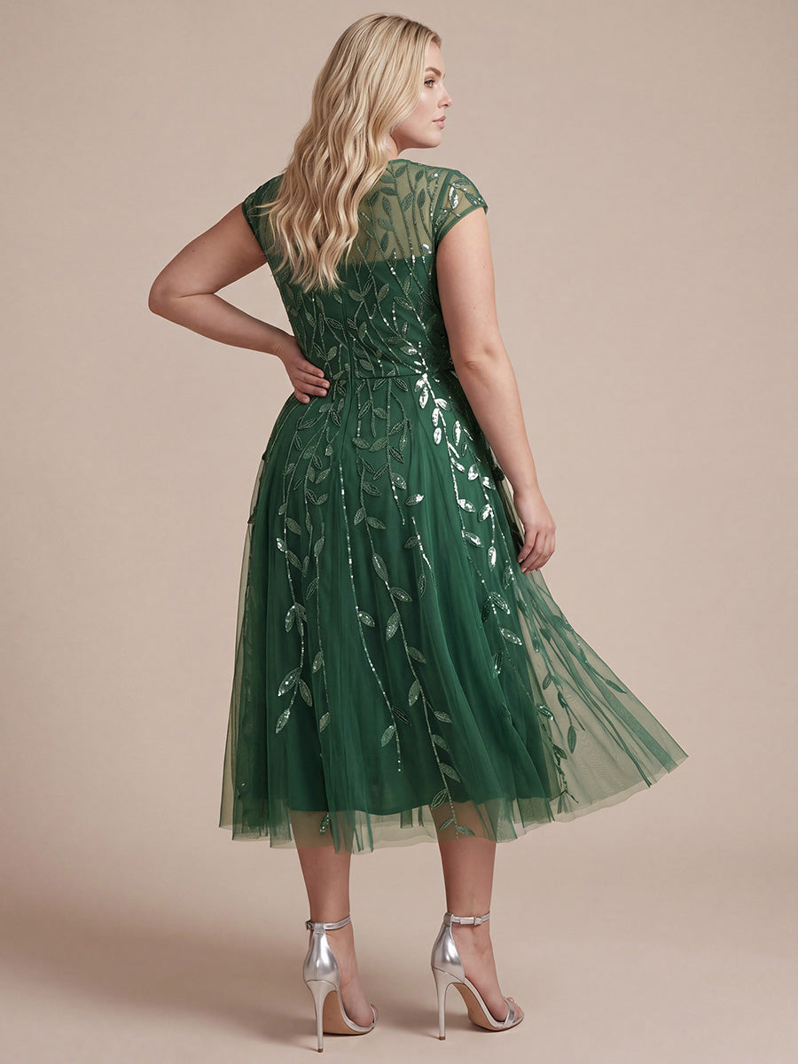 Robe midi évasée à manches courtes en patchwork transparent #Couleur_Eucalyptus
