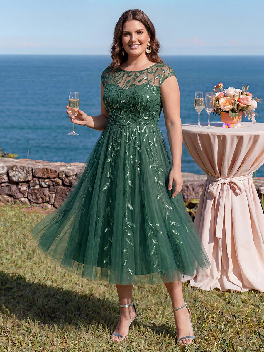 Robe midi évasée à manches courtes en patchwork transparent #Couleur_Eukalyptus Grün