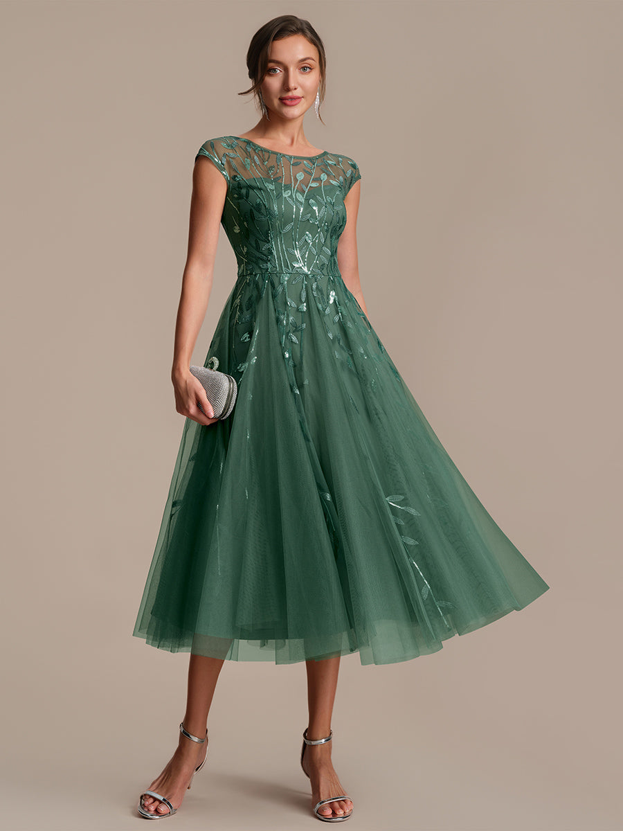 Robe midi évasée à manches courtes en patchwork transparent #Couleur_Eucalyptus