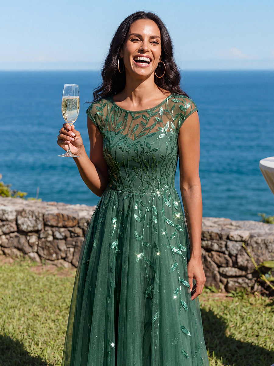 Robe midi évasée à manches courtes en patchwork transparent #Couleur_Eucalyptus