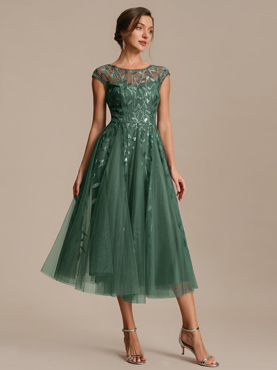 Robe midi évasée à manches courtes en patchwork transparent #Couleur_Eucalyptus