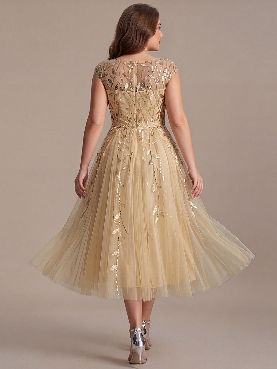 Robe midi évasée à manches courtes en patchwork transparent #Couleur_Dorée