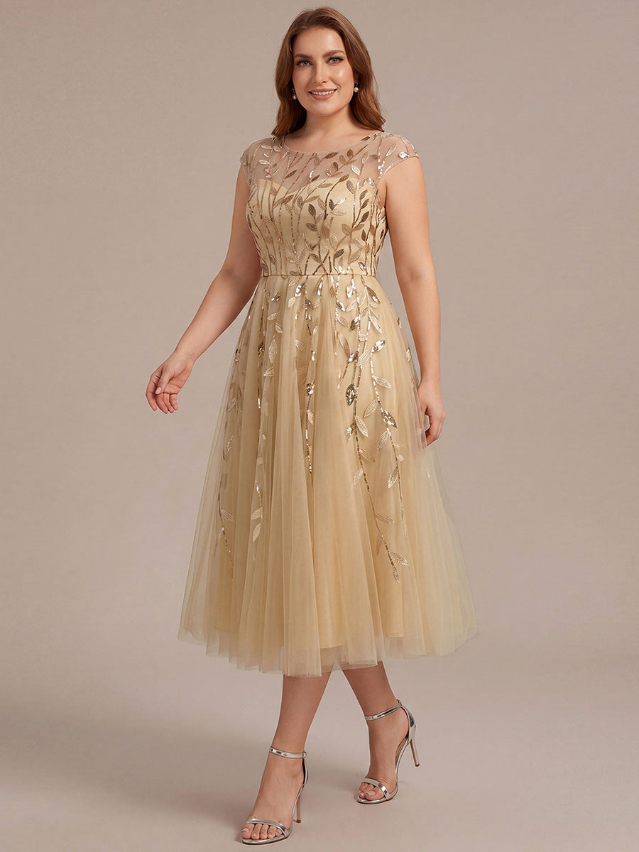 Robe midi évasée à manches courtes en patchwork transparent #Couleur_Dorée