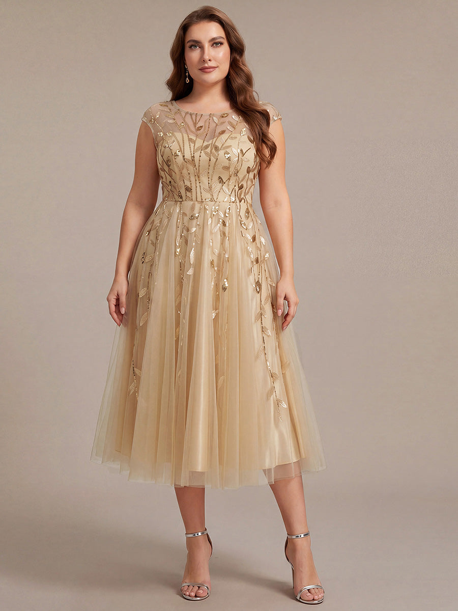 Robe midi évasée à manches courtes en patchwork transparent #Couleur_Dorée