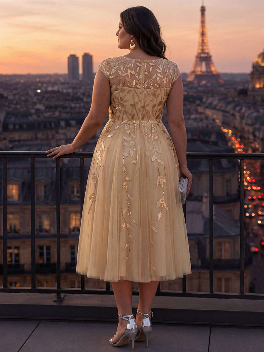 Robe midi évasée à manches courtes en patchwork transparent #Couleur_Dorée