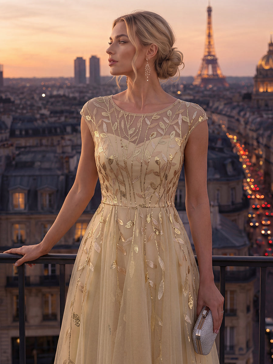 Robe midi évasée à manches courtes en patchwork transparent #Couleur_Dorée
