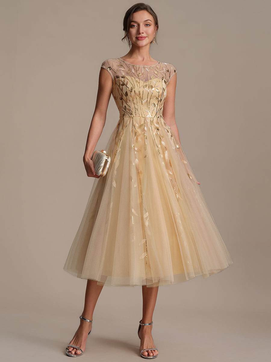 Robe midi évasée à manches courtes en patchwork transparent #Couleur_Dorée