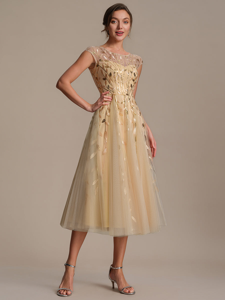 Robe midi évasée à manches courtes en patchwork transparent #Couleur_Dorée
