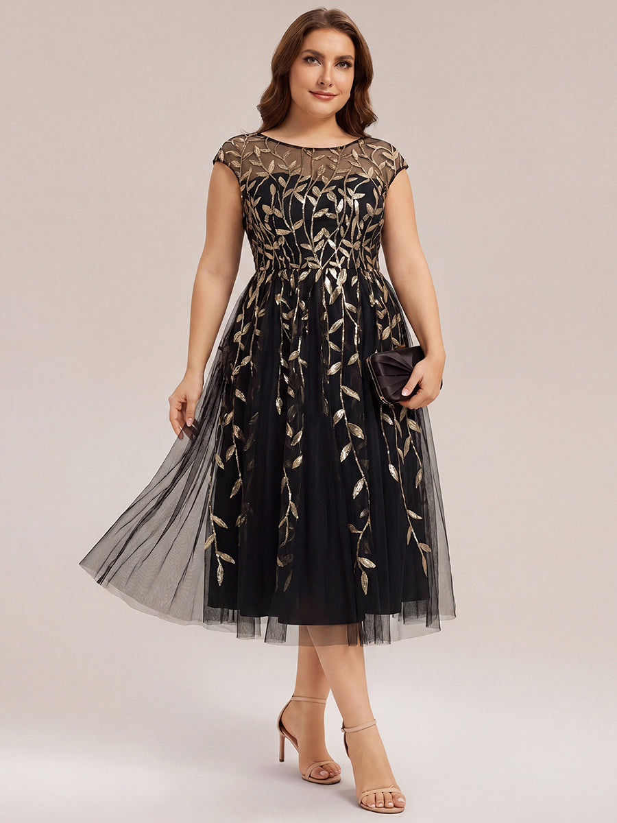 Robe midi évasée à manches courtes en patchwork transparent #Couleur_Noir & Or