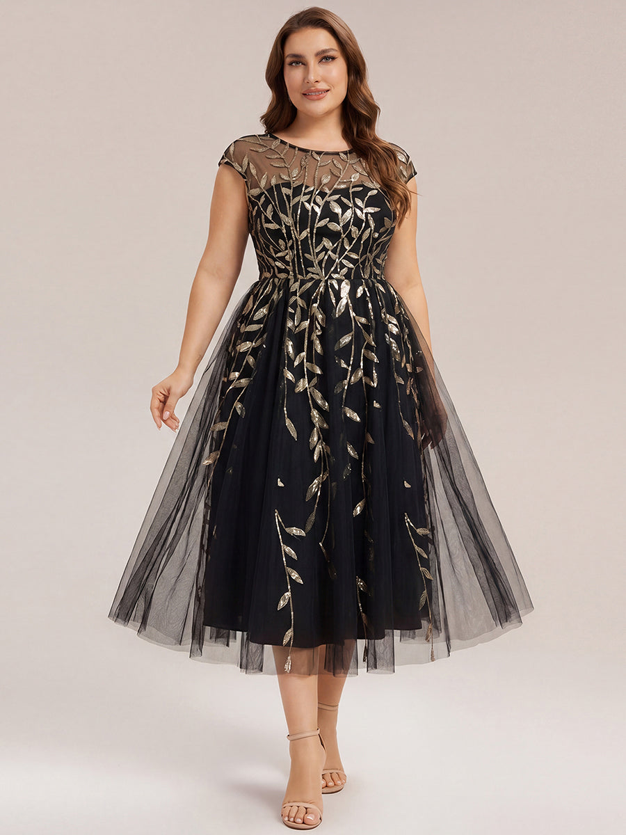Robe midi évasée à manches courtes en patchwork transparent #Couleur_Noir & Or