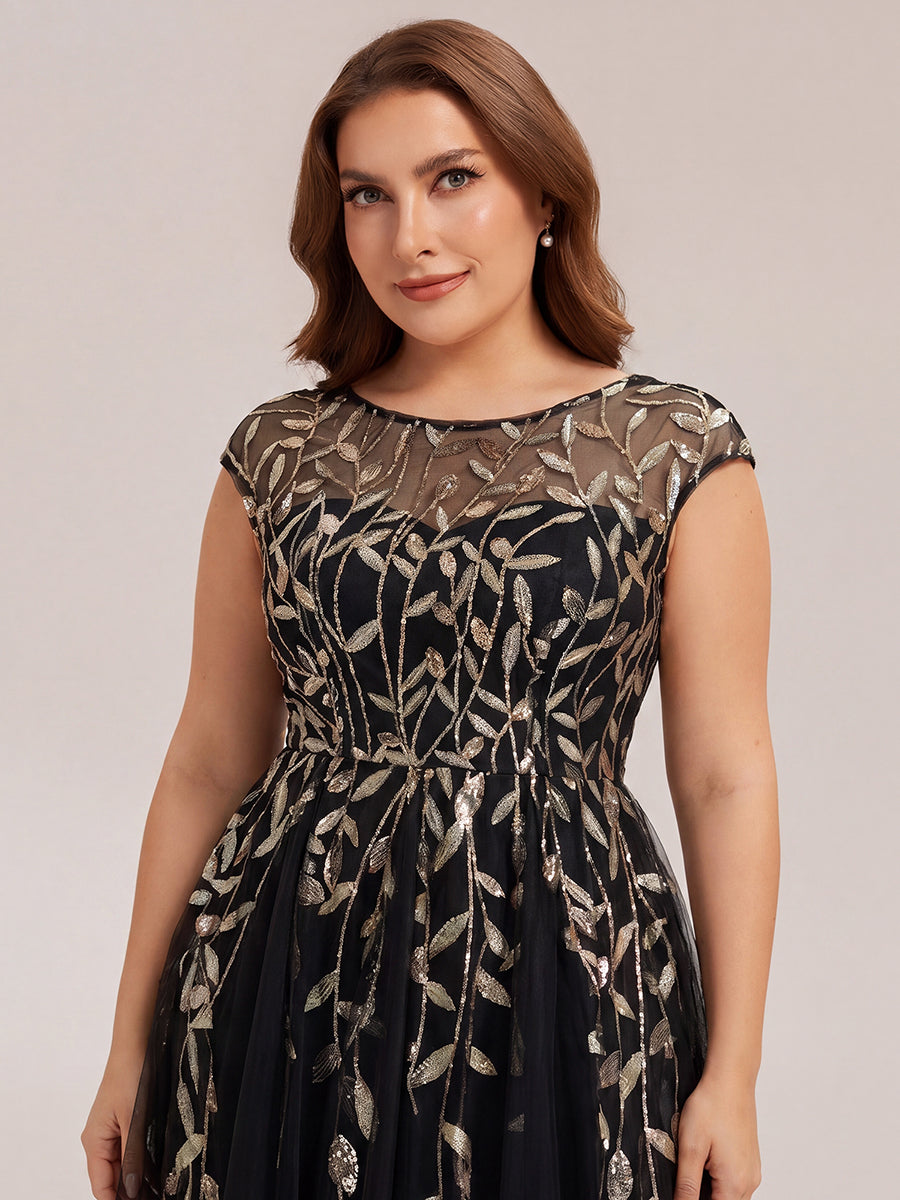 Robe midi évasée à manches courtes en patchwork transparent #Couleur_Noir & Or
