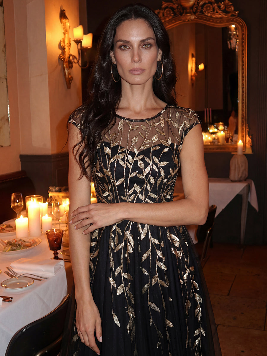 Robe midi évasée à manches courtes en patchwork transparent #Couleur_Noir & Or