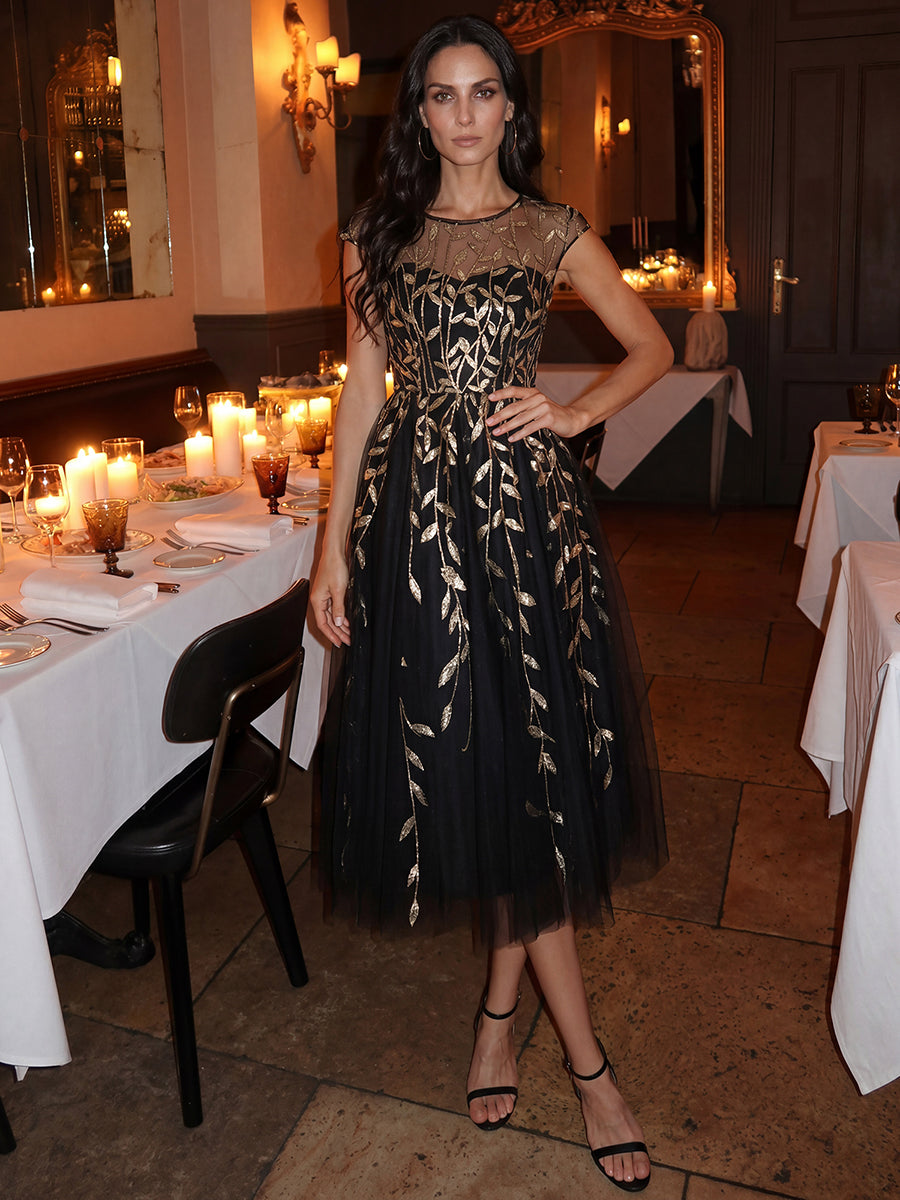Robe midi évasée à manches courtes en patchwork transparent #Couleur_Noir & Or