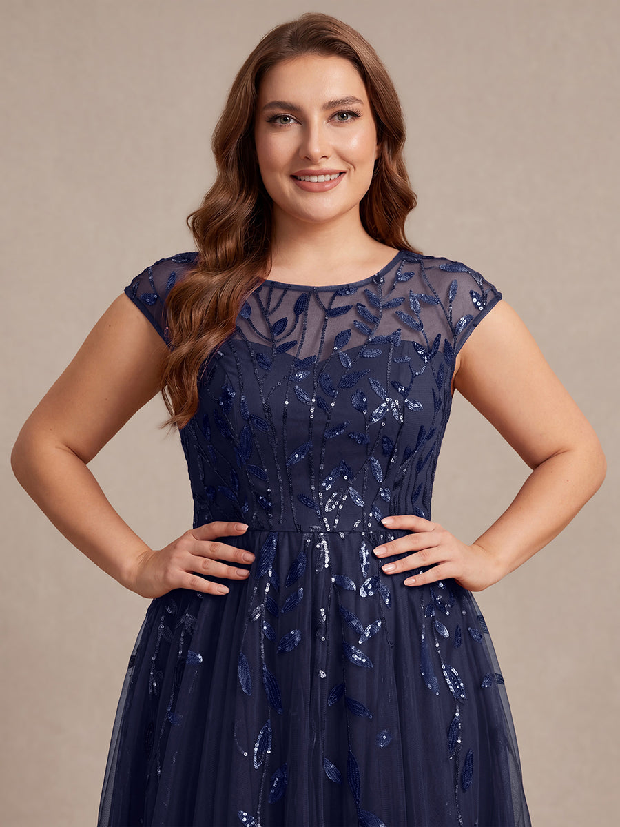 Robe midi évasée à manches courtes en patchwork transparent #Couleur_Bleu Marine