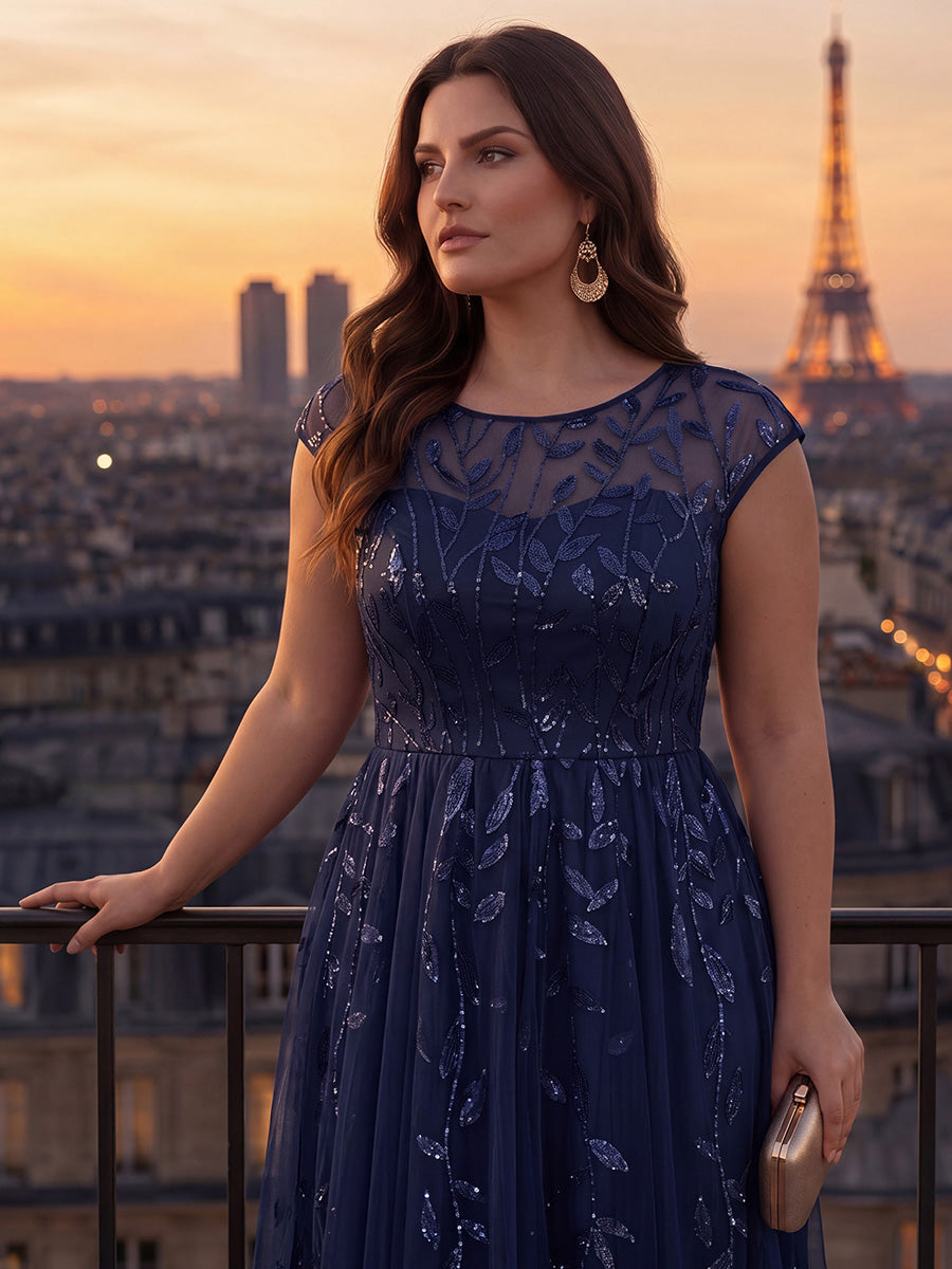 Robe midi évasée à manches courtes en patchwork transparent #Couleur_Bleu Marine