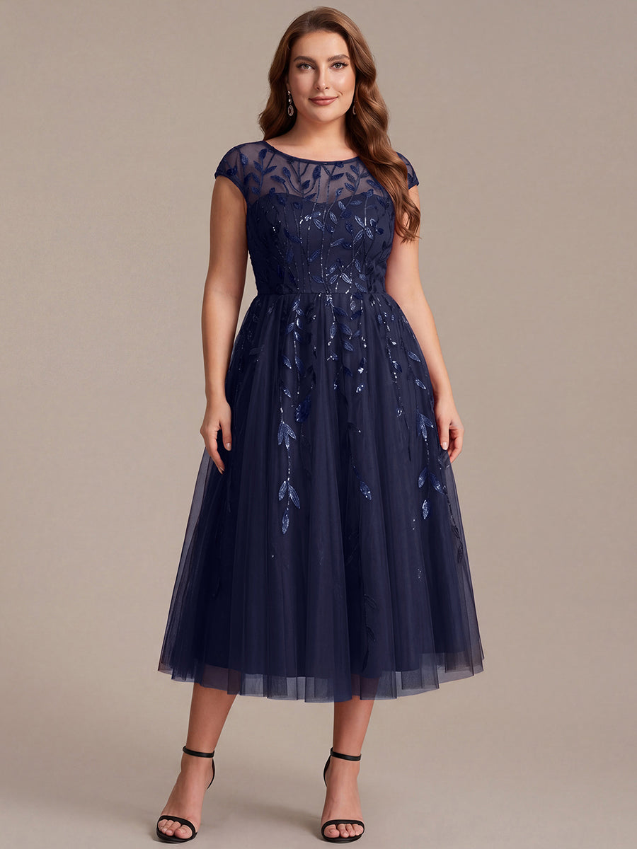Robe midi évasée à manches courtes en patchwork transparent #Couleur_Bleu Marine