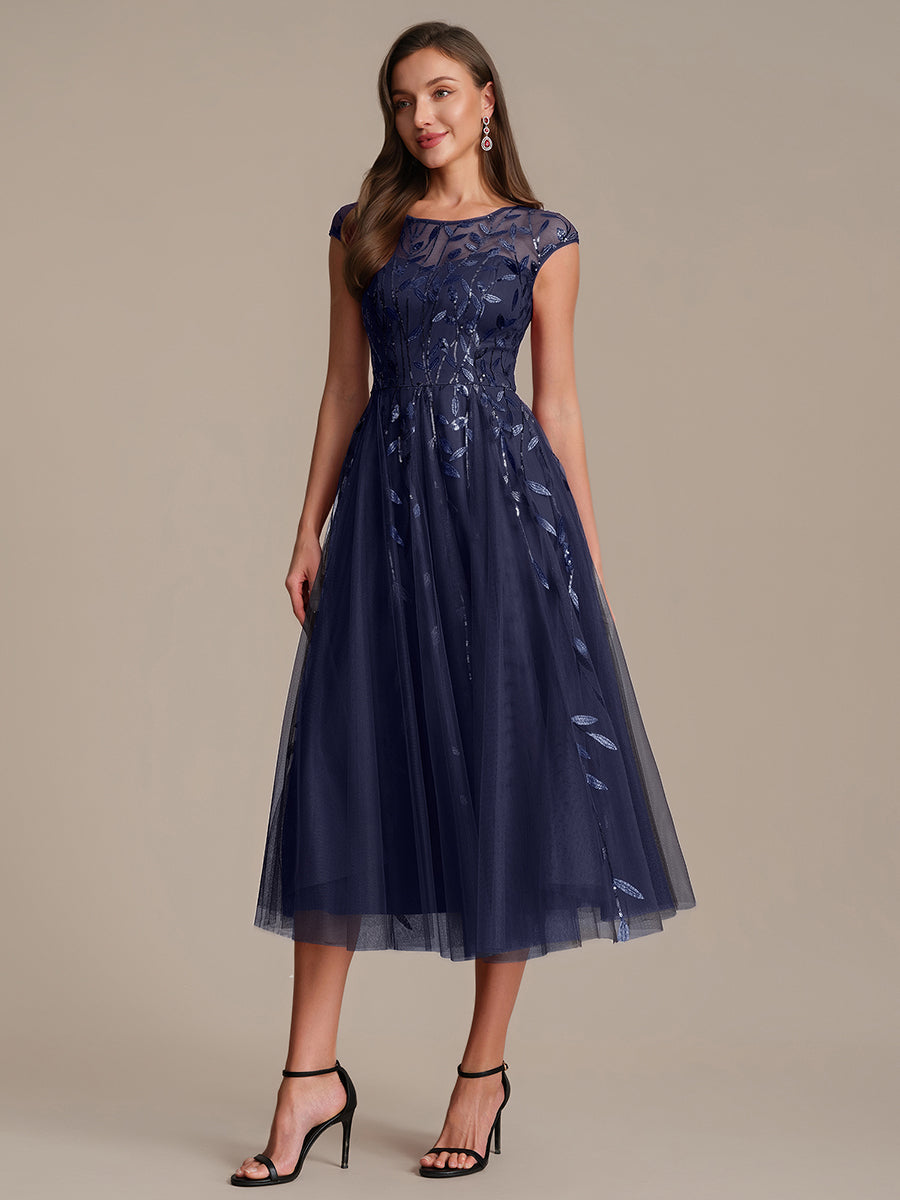 Robe midi évasée à manches courtes en patchwork transparent #Couleur_Bleu Marine