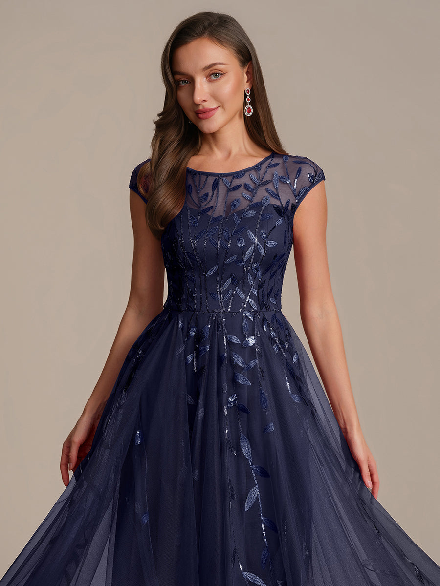 Robe midi évasée à manches courtes en patchwork transparent #Couleur_Bleu Marine