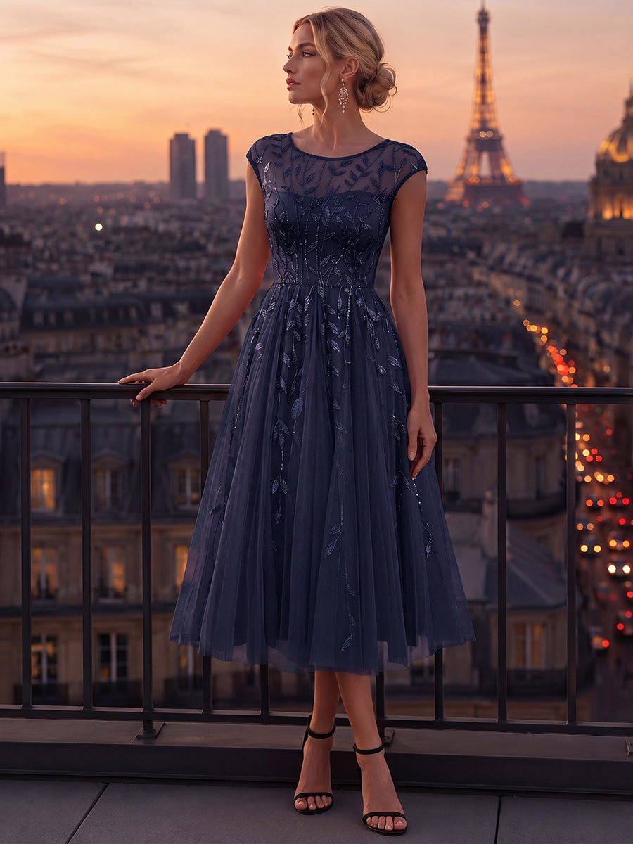 Robe midi évasée à manches courtes en patchwork transparent #Couleur_Bleu Marine