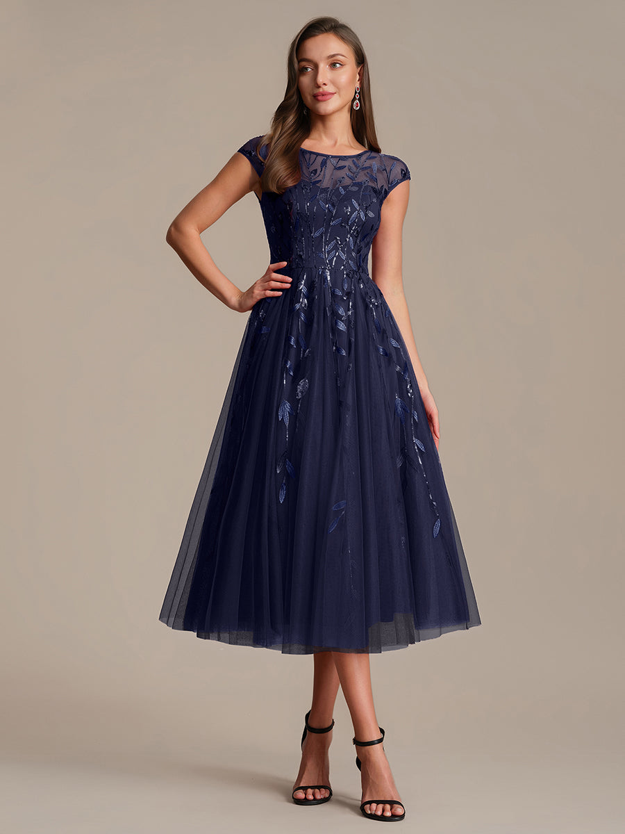 Robe midi évasée à manches courtes en patchwork transparent #Couleur_Bleu Marine