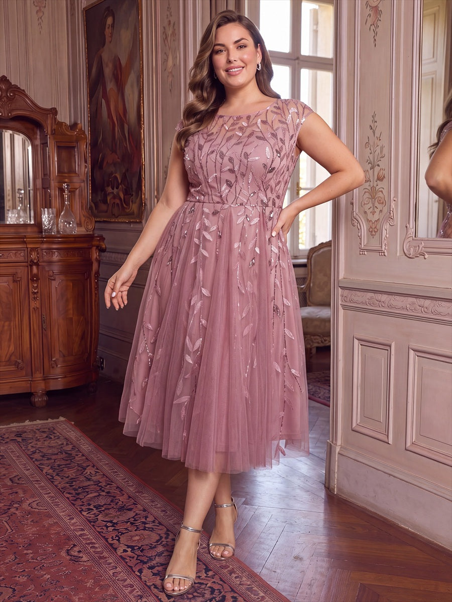 Robe midi évasée à manches courtes en patchwork transparent #Couleur_Orchidee