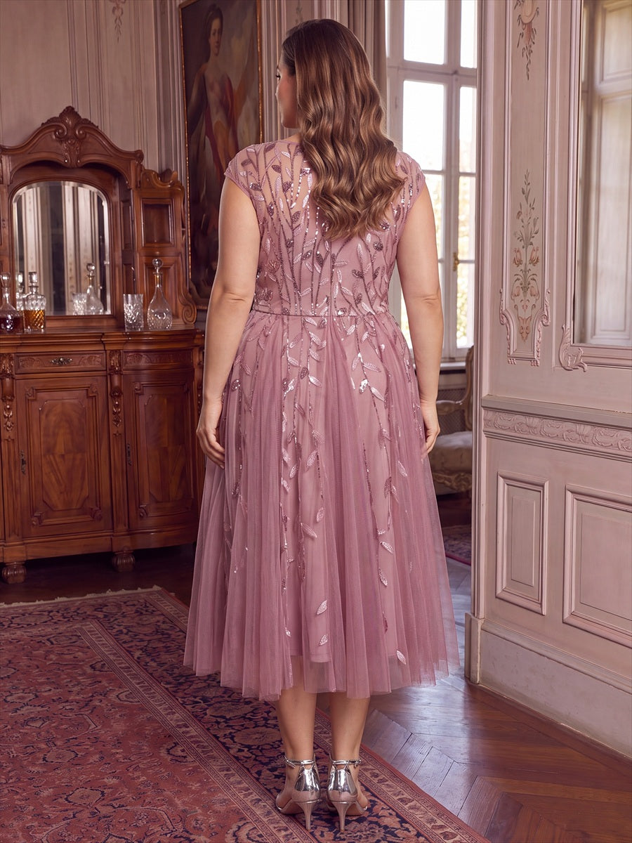 Robe midi évasée à manches courtes en patchwork transparent #Couleur_Orchidee