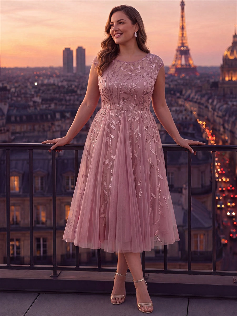 Robe midi évasée à manches courtes en patchwork transparent #Couleur_Orchidee