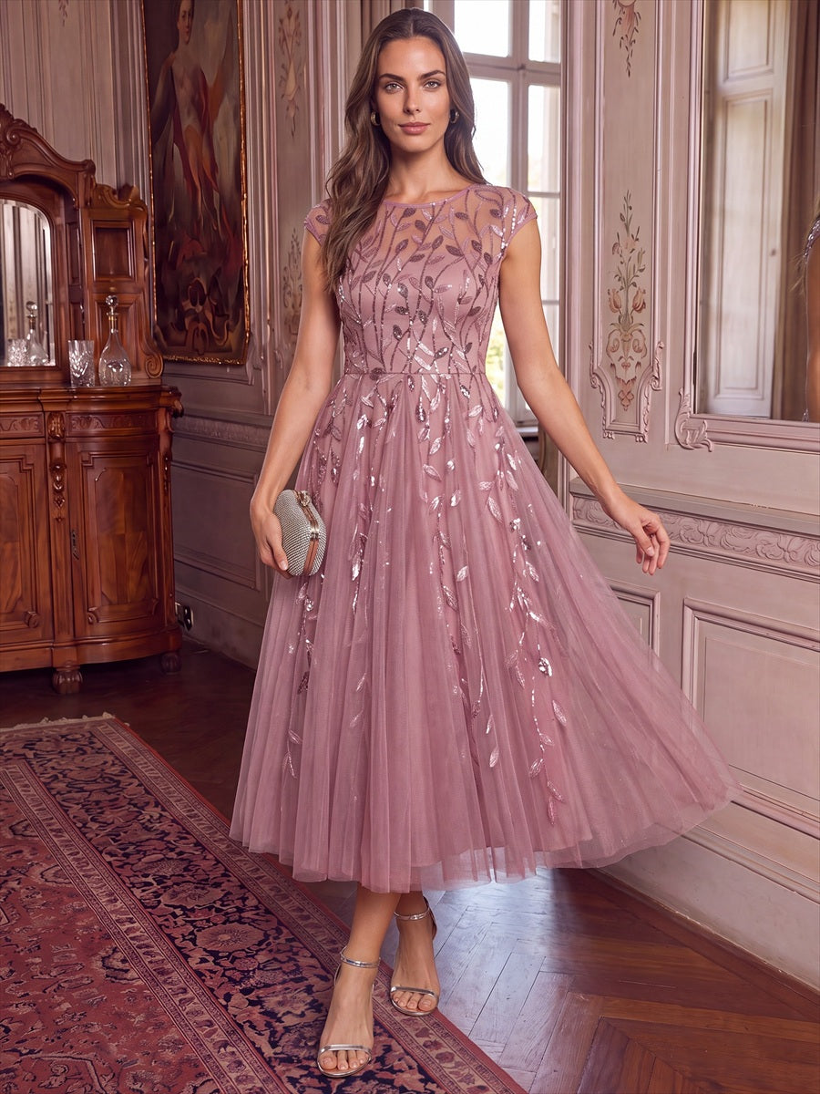 Robe midi évasée à manches courtes en patchwork transparent #Couleur_Orchidee