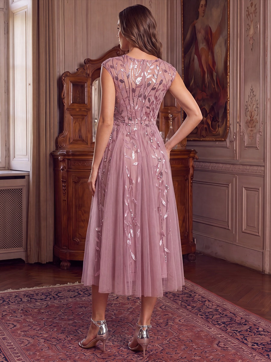 Robe midi évasée à manches courtes en patchwork transparent #Couleur_Orchidee
