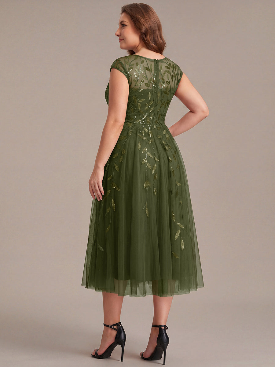 Robe midi évasée à manches courtes en patchwork transparent #Couleur_Vert Olive
