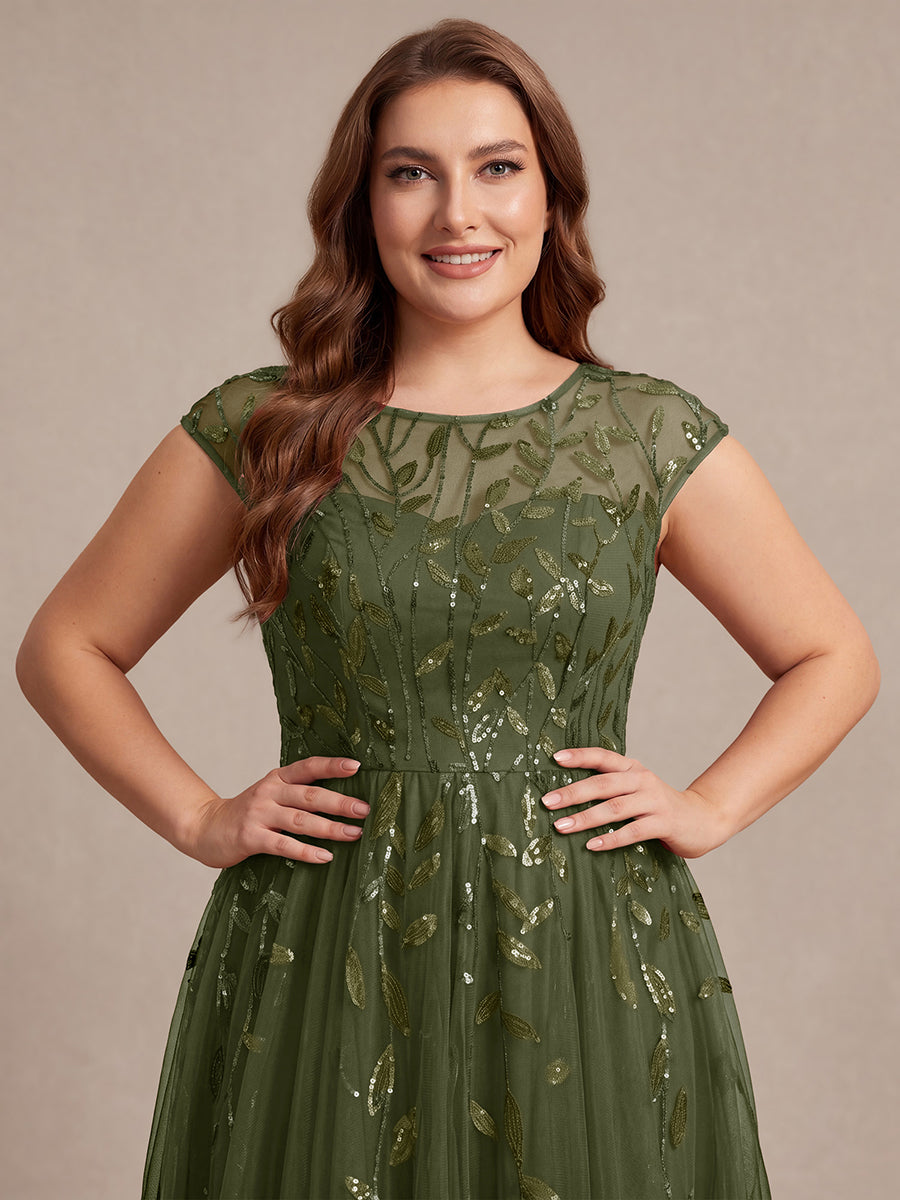 Robe midi évasée à manches courtes en patchwork transparent #Couleur_Vert Olive