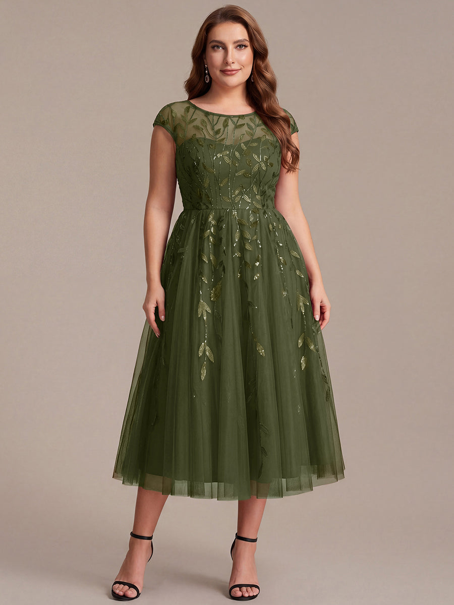 Robe midi évasée à manches courtes en patchwork transparent #Couleur_Vert Olive