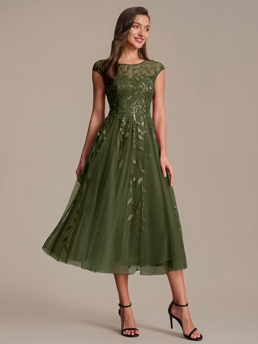 Robe midi évasée à manches courtes en patchwork transparent #Couleur_Vert Olive