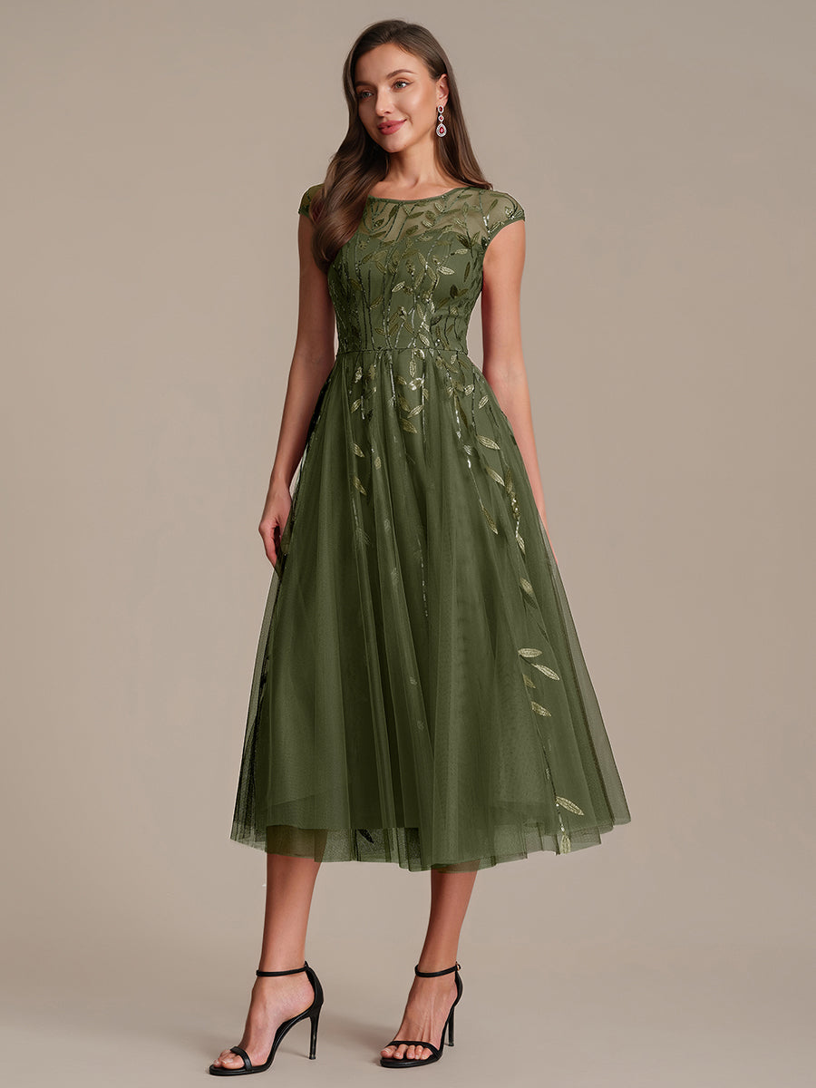 Robe midi évasée à manches courtes en patchwork transparent #Couleur_Vert Olive