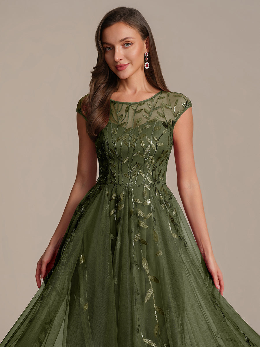 Robe midi évasée à manches courtes en patchwork transparent #Couleur_Vert Olive