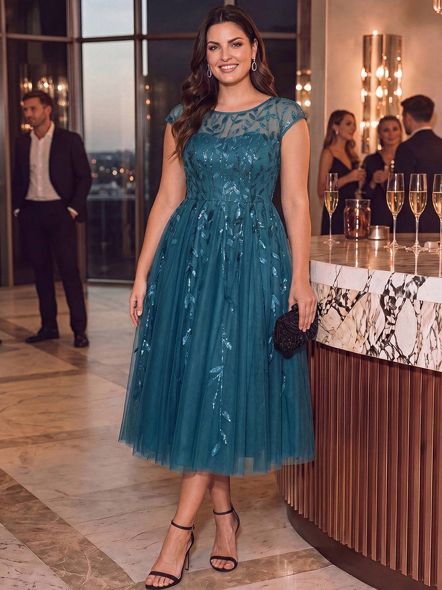Robe midi évasée à manches courtes en patchwork transparent #Couleur_Bleu Sarcelle