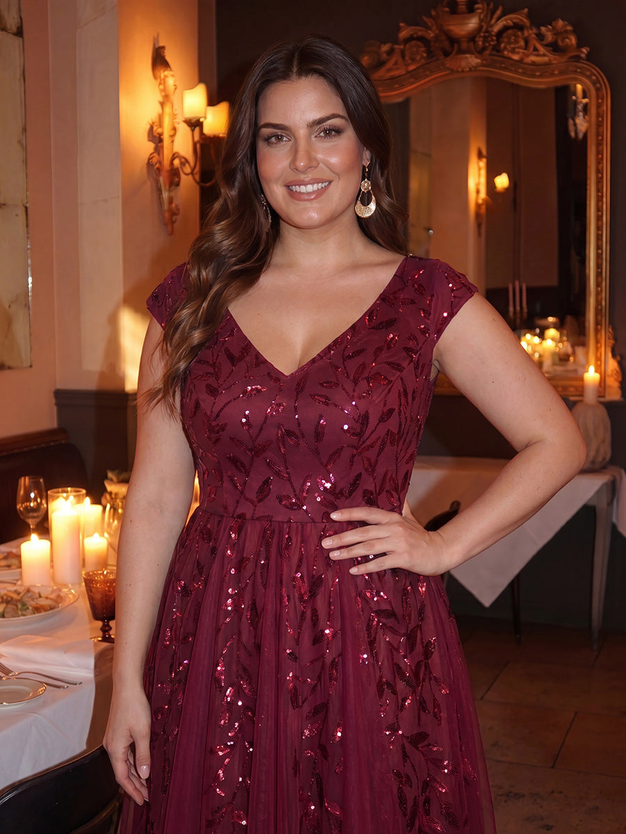 Robe midi sans manches col en V à sequins et coupe évasée #Couleur_Bordeaux