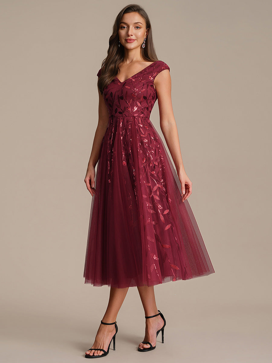 Robe midi sans manches col en V à sequins et coupe évasée #Couleur_Bordeaux