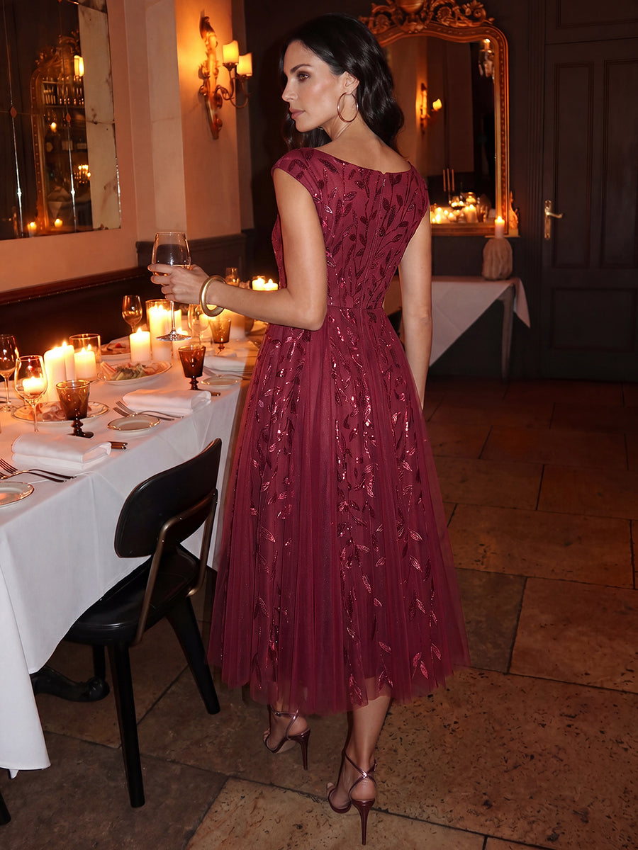 Robe midi sans manches col en V à sequins et coupe évasée #Couleur_Bordeaux
