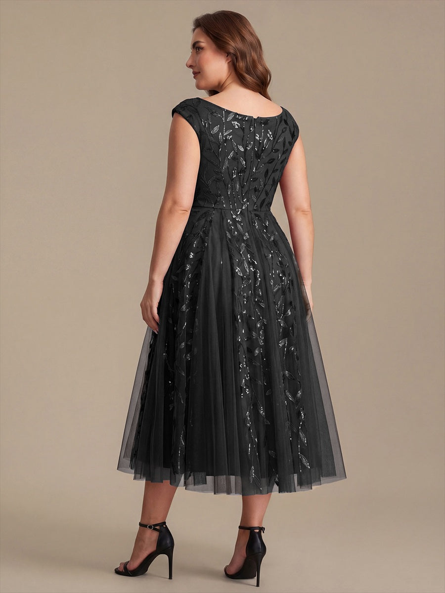 Robe midi sans manches col en V à sequins et coupe évasée #Couleur_Noir