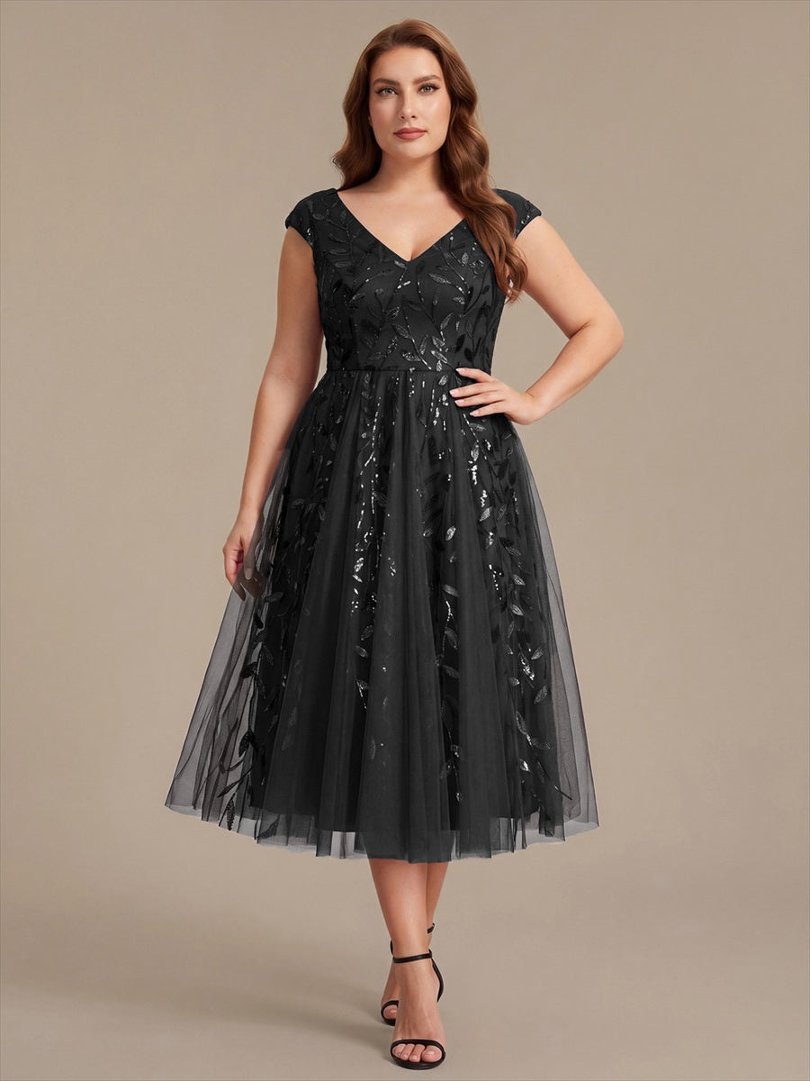 Robe midi sans manches col en V à sequins et coupe évasée #Couleur_Noir