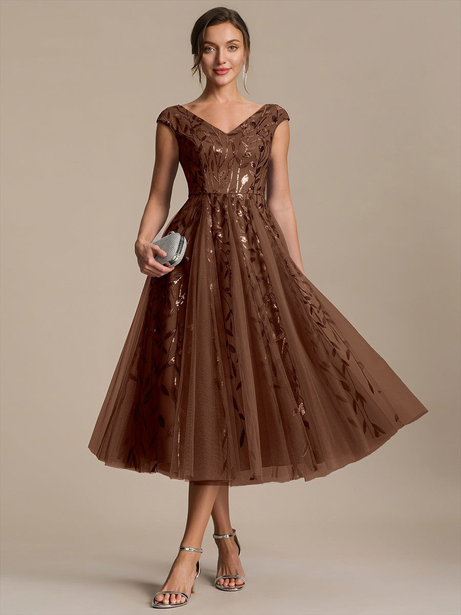 Robe midi sans manches col en V à sequins et coupe évasée #Couleur_Brun