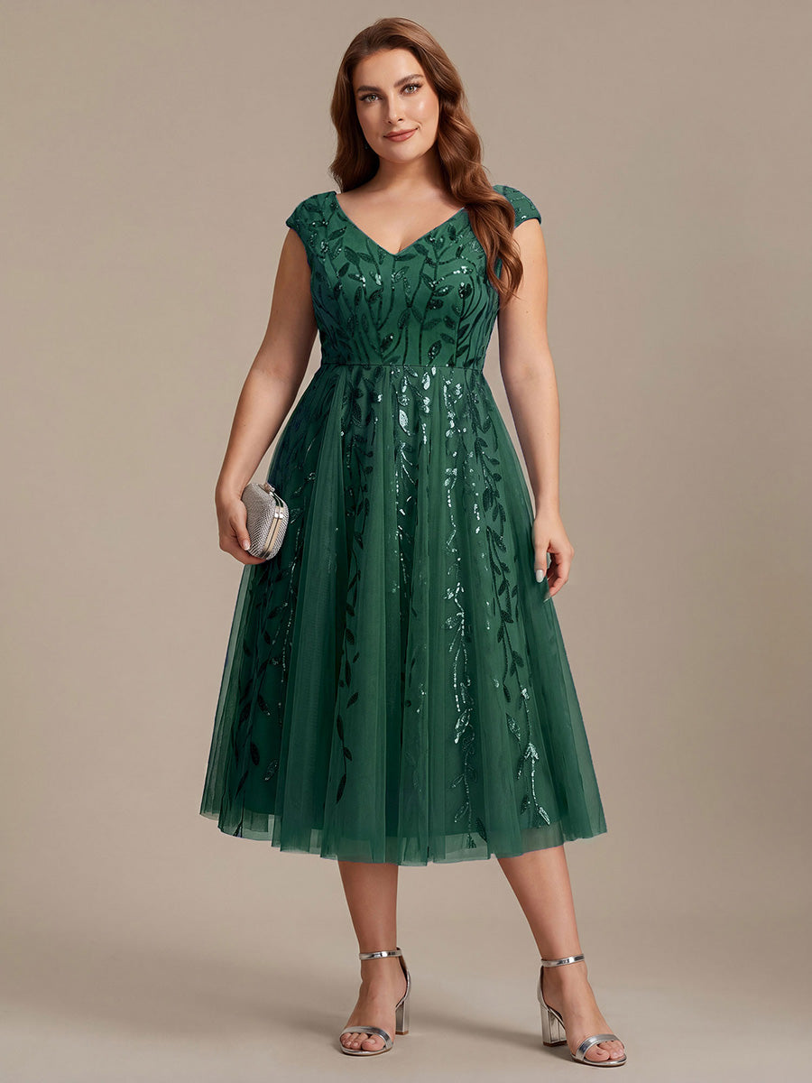 Robe midi sans manches col en V à sequins et coupe évasée #Couleur_Vert Fonce
